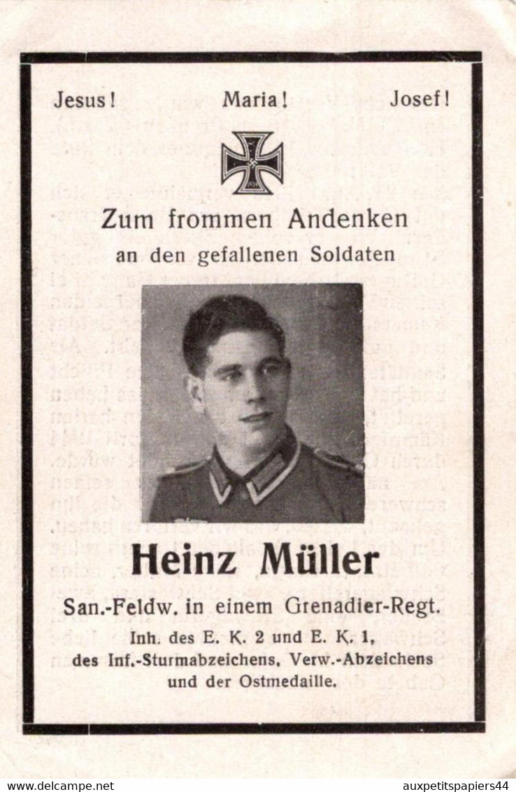 Faire-part De Décès Original De Heinz Müller Soldat Allemand Tombé En 1943 - Overlijden