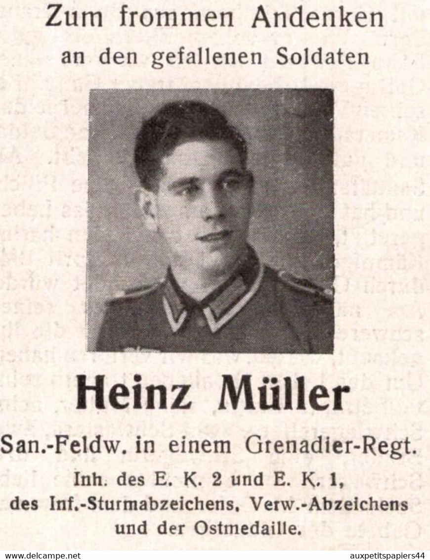 Faire-part De Décès Original De Heinz Müller Soldat Allemand Tombé En 1943 - Overlijden