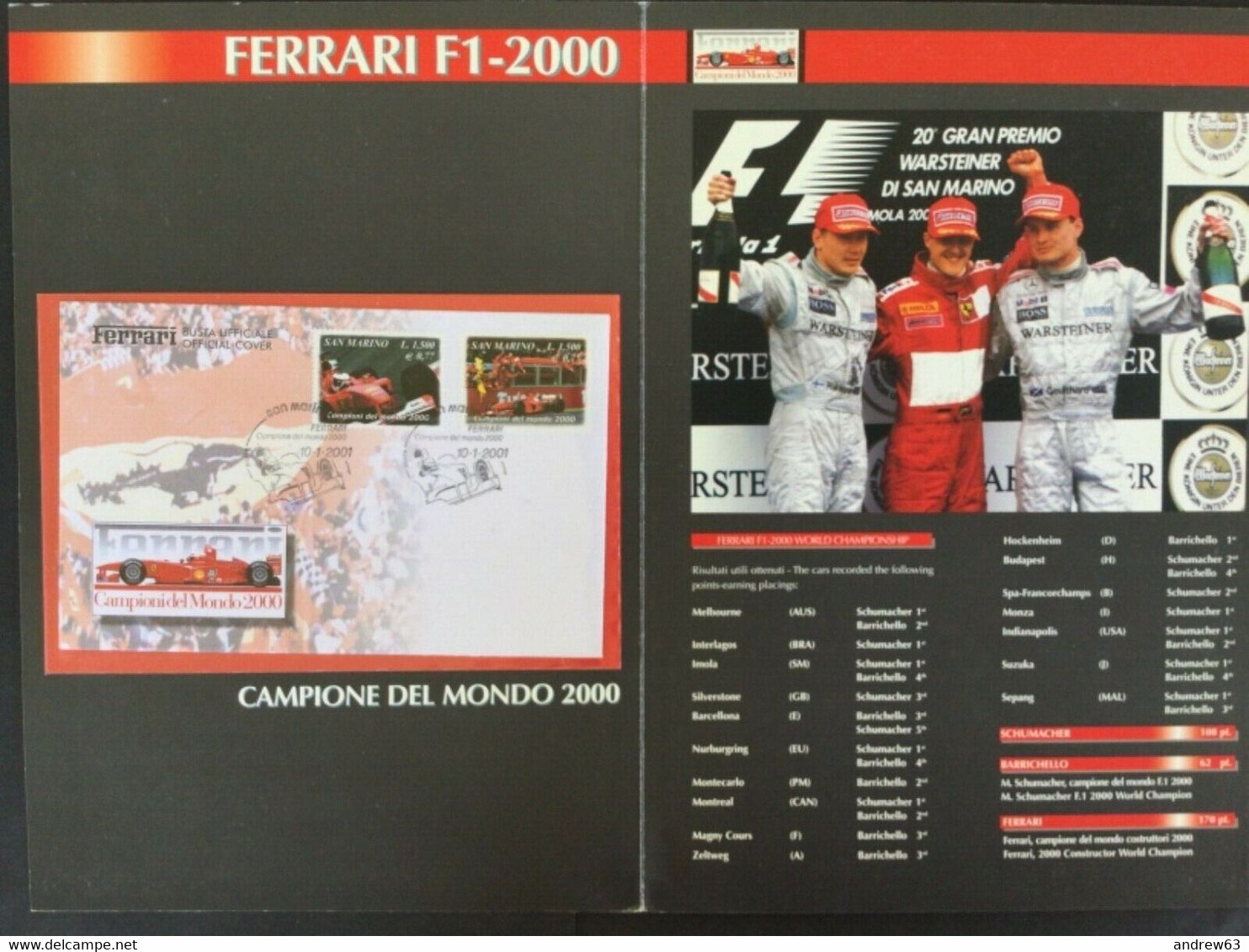 SAN MARINO - 2001 - Ferrari Campione Del Mondo Di Formula 1 F1-2000 - Folder Bolaffi Con FDC - FDC