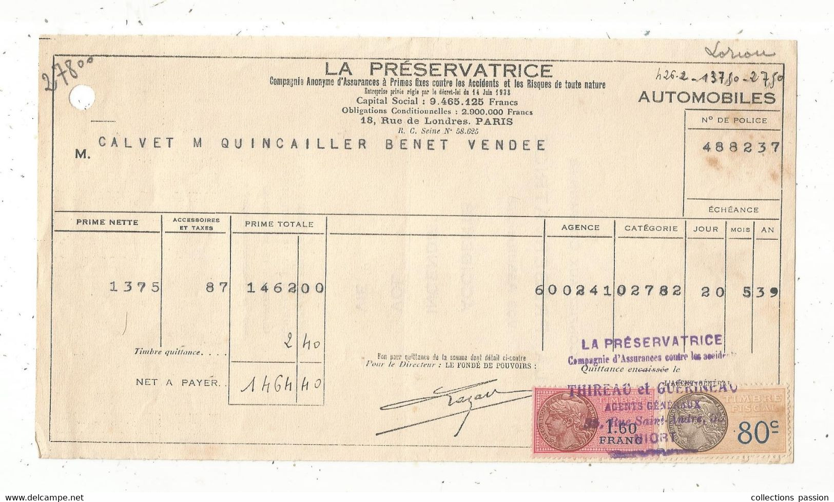 FACTURE ,assurances , LA PRESERVATRICE, 1939 ,quincailler ,BENET ,Vendée, Frais Fr 1.65 E - Bank & Insurance