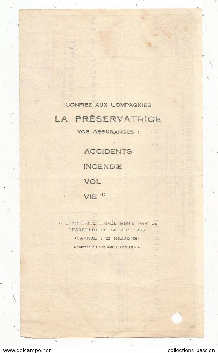 FACTURE ,assurances , LA PRESERVATRICE, 1939 ,quincailler ,BENET ,Vendée, Frais Fr 1.65 E - Banca & Assicurazione