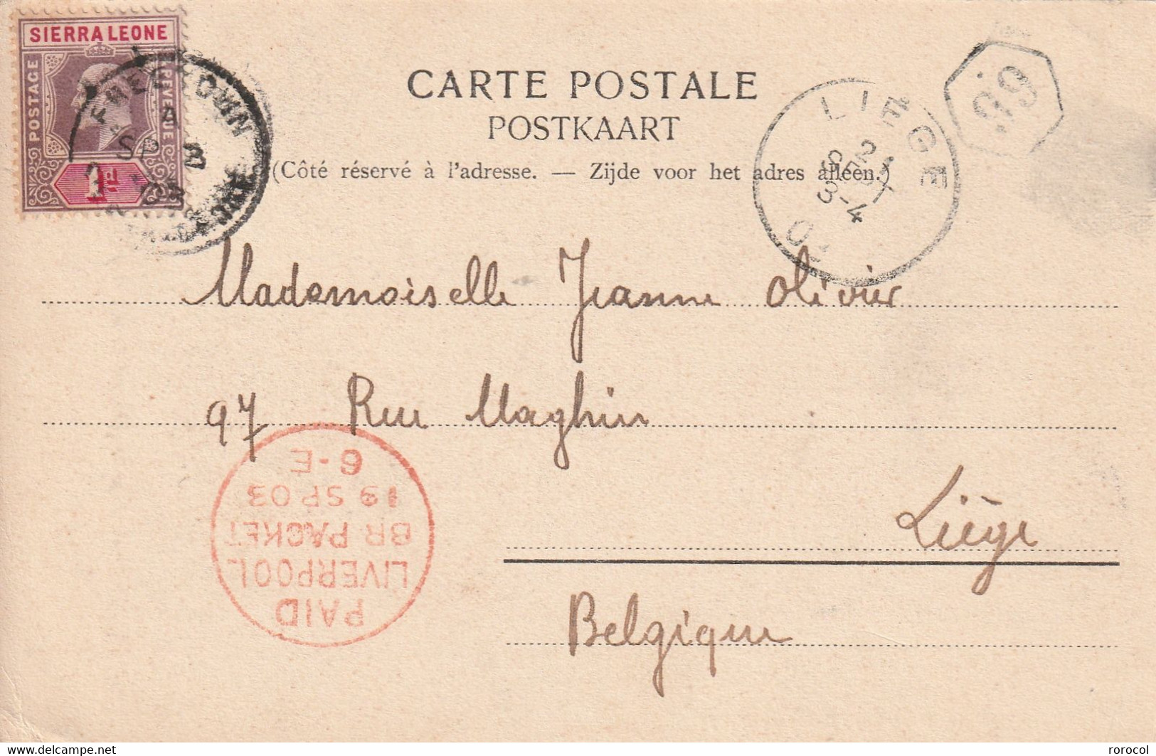SIERRA LEONE CP 1903 FREETOWN Pour La Belgique Paid LIVERPOOL PACKET Arrivée à LIEGE - Sierra Leone (...-1960)