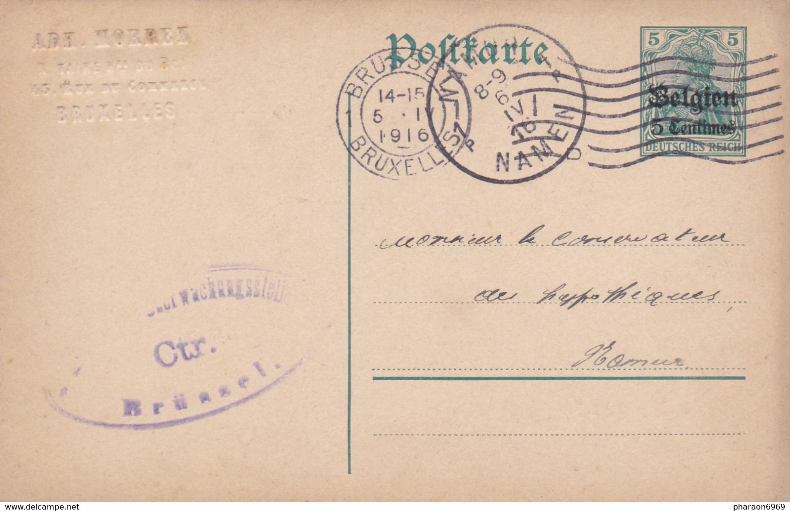 Carte Entier Postal Bruxelles à Namur Cachet Censure Militaire Brüssel - German Occupation