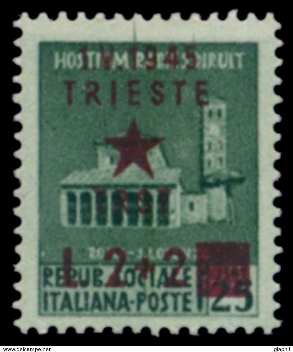 TRIESTE OCC. JUGOSLAVA 1945 2 L. + 2 L. SOPRASTAMPA SPOSTATA IN ALTO (Sass. 7c) MLH * - Yugoslavian Occ.: Trieste