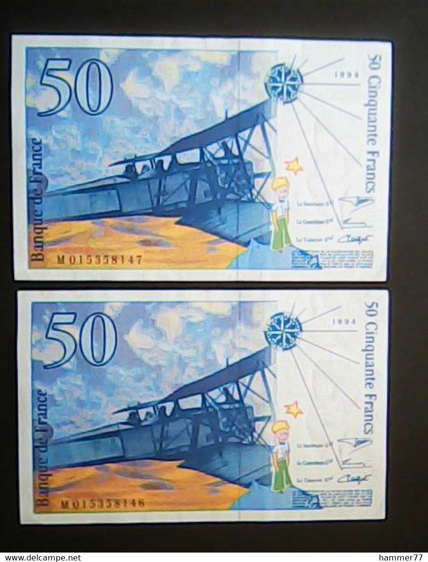 France 1994: 2 X 50 Francs "St Exupery" With Consecutive Serial Numbers - 50 F 1992-1999 ''St Exupéry''