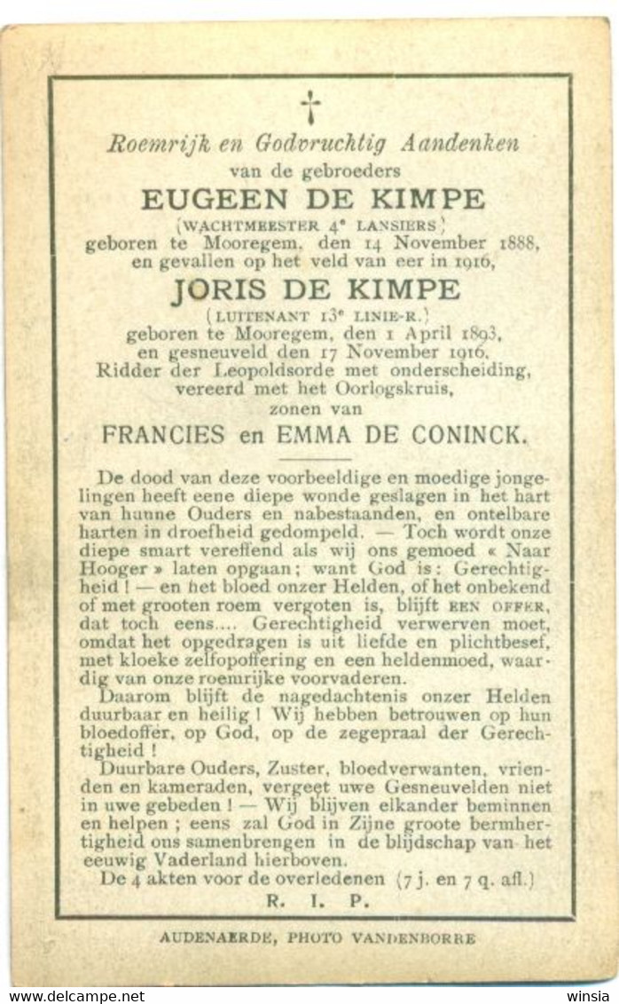 WO1 / WW1 - Doodsprentje Eugeen En Joris De Kimpe - Moregem /    - Gesneuvelde - Obituary Notices