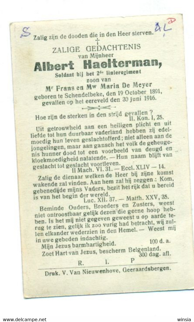 WO1 / WW1 - Doodsprentje Albert Haelterman - Schendelbeke /  - Gesneuvelde - Obituary Notices