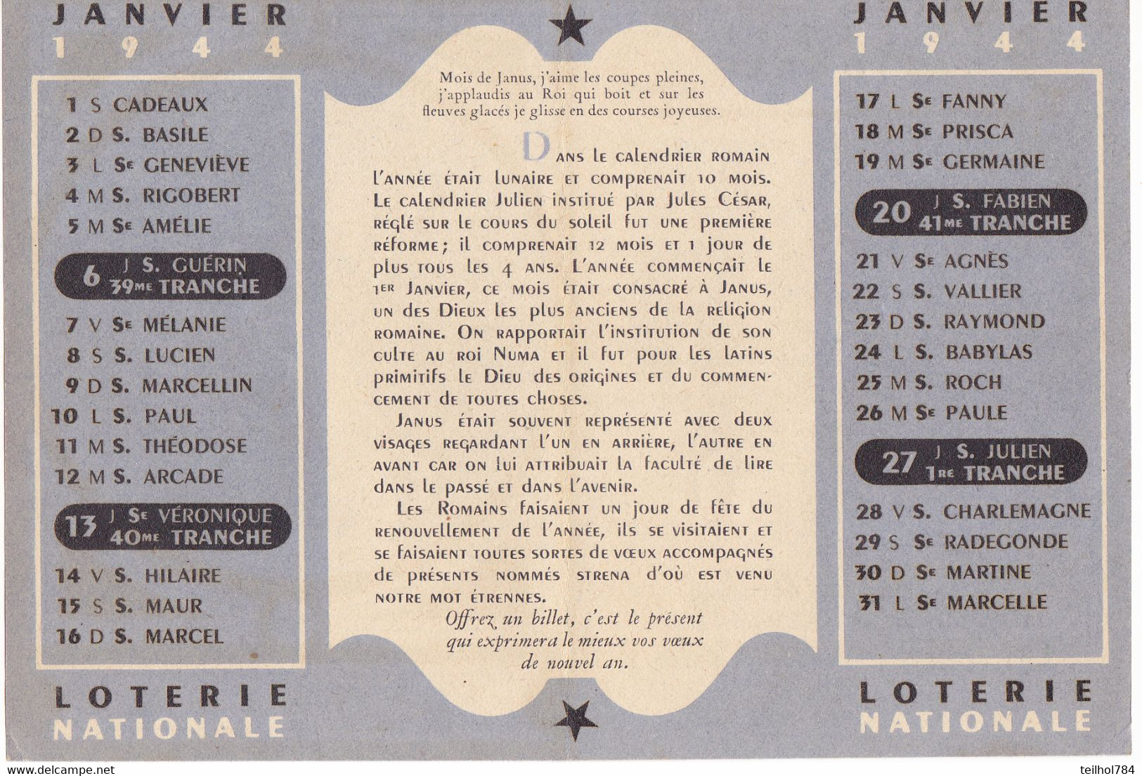 CALENDRIER 1944 LOTO NATIONAL - Petit Format : 1941-60