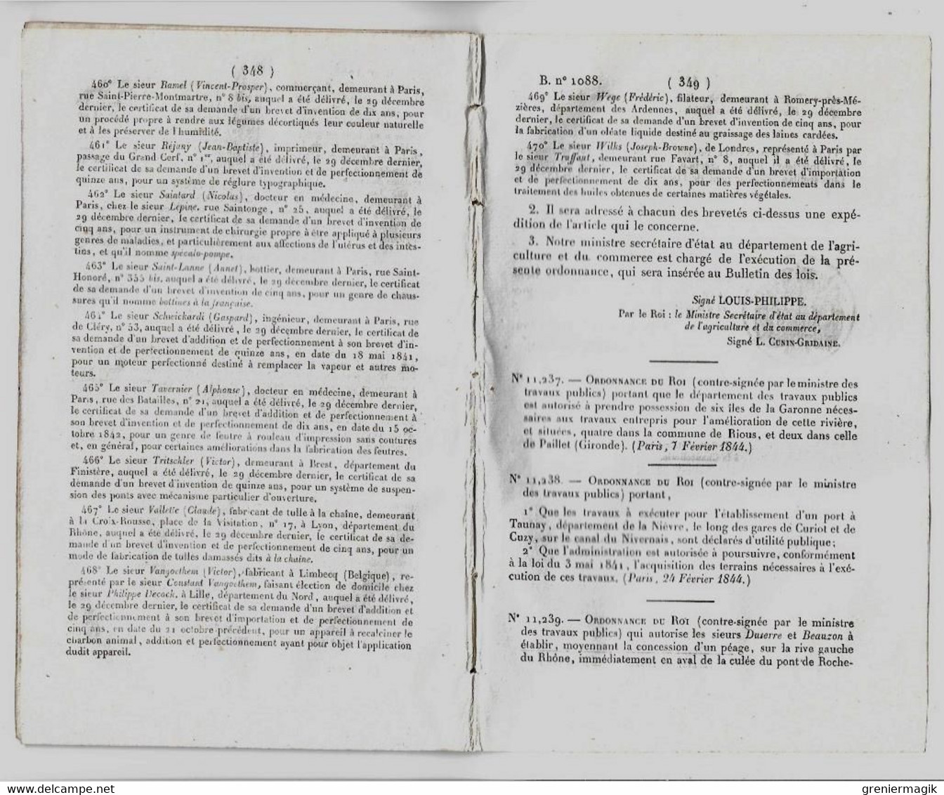 Bulletin Des Lois 1088 1844 Brevets D'invention (Opium Gabriel à Metz, Louis Dejean Cirque, Fichet Serrurier...)/Tannay - Décrets & Lois