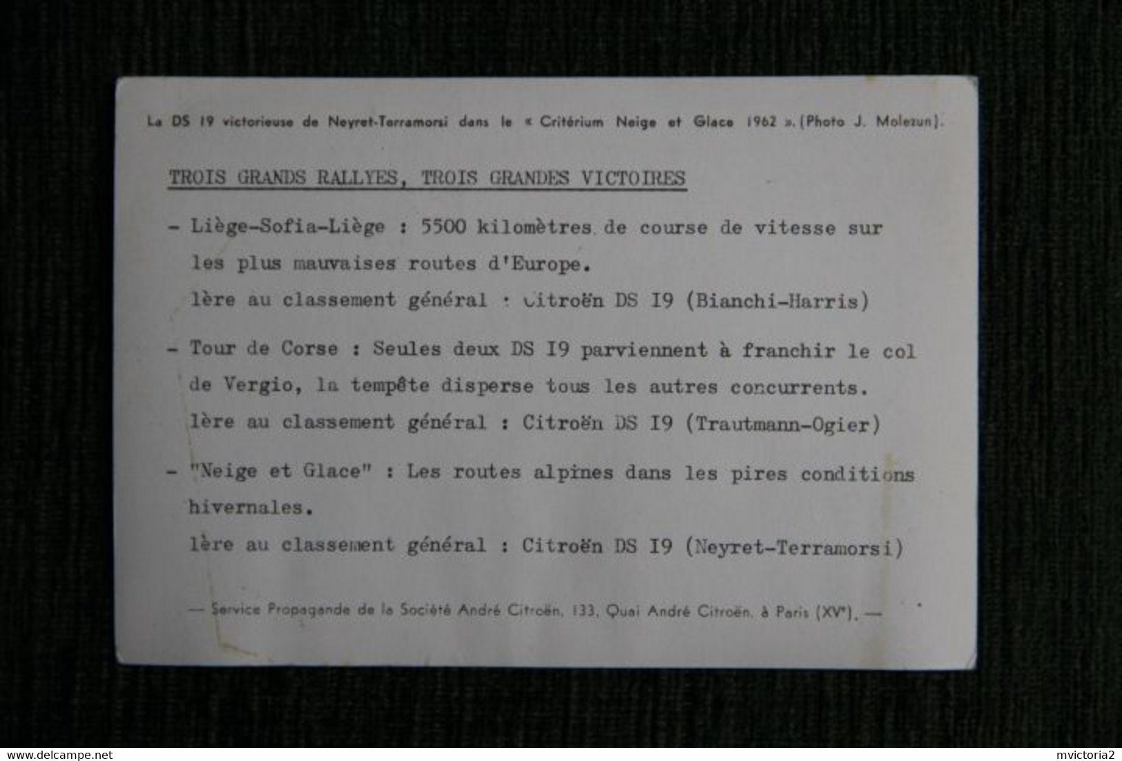 Photographie J.MOLEZUN : La DS CITROEN,Victorieuse De NEYRET TERRAMORSI Du Criterium Neige Et Glace 1962. - Cars