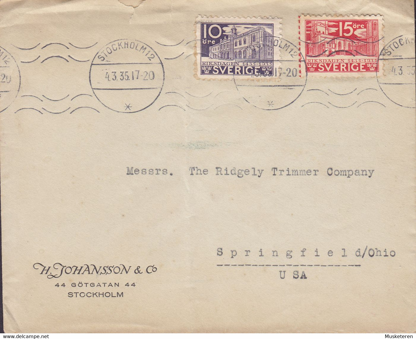 Sweden H. JOHANSSON & Co., TMS Cds. STOCKHOLM 1935 Cover Brief SPRINGFIELD Ohio United States ERROR Variety !! - Variétés Et Curiosités