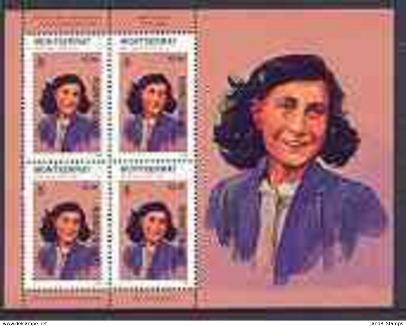 Montserrat 1998 Famous People Of The 20th Century - Anne Frank (Holocaust) Perf Sheetlet 4 Vals Opt'd SPECIMEN, U/m SG 1 - Montserrat