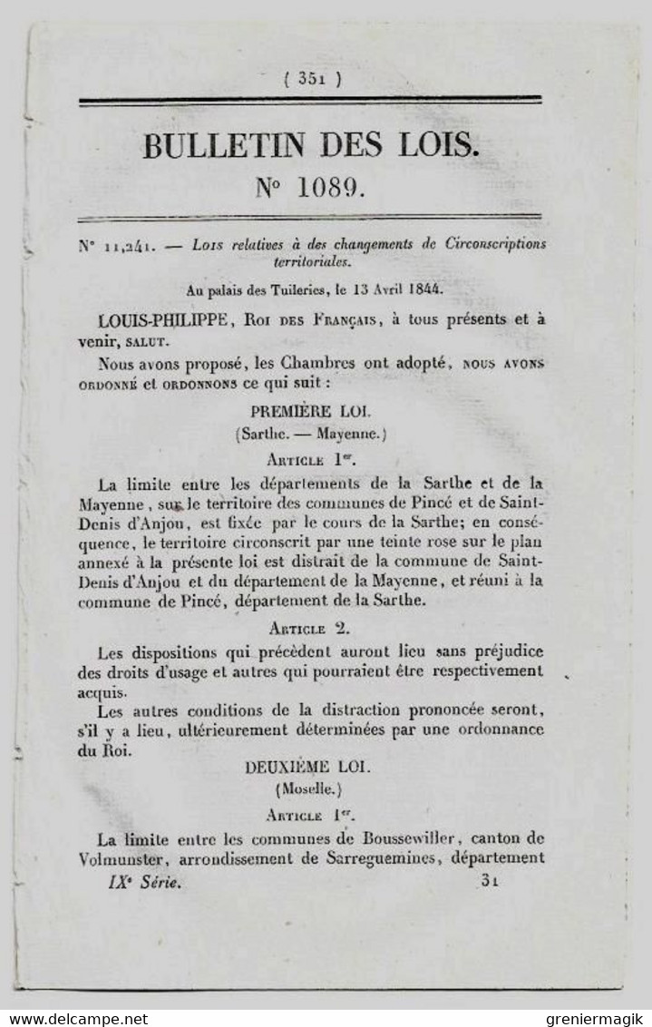Bulletin Des Lois 1089 1844 Pincé-Saint-Denis D'Anjou/Haspelschiedt Bitche/Cardo San-Martino Bastia/Canal Rhône Rhin - Décrets & Lois
