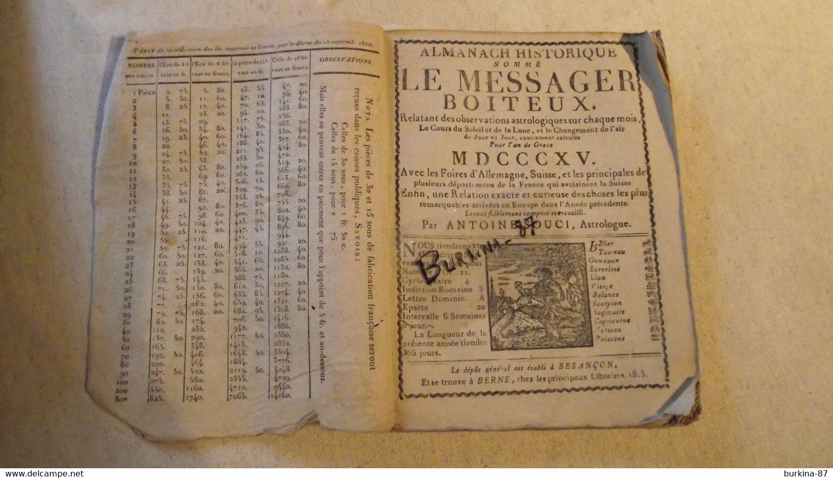 ALMANACH Historique, Le Messager Boiteux  De Berne 1815 - Groot Formaat: ...-1900