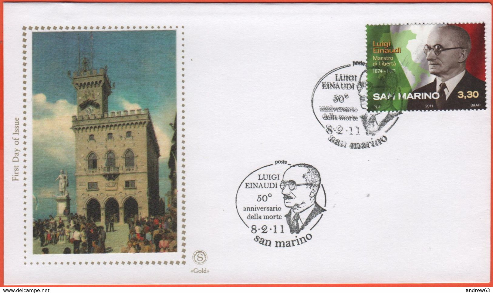 SAN MARINO - 2011 - 3,30€ 50º Anniversario Della Morte Di Luigi Einaudi - FDC - Filagrano Gold - Seta - FDC