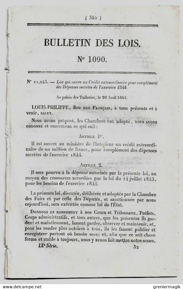 Bulletin Des Lois 1090 1844 Organisation Judiciaire Du Sénégal/Musique Gravée/Importation Et Transit De La Librairie - Décrets & Lois