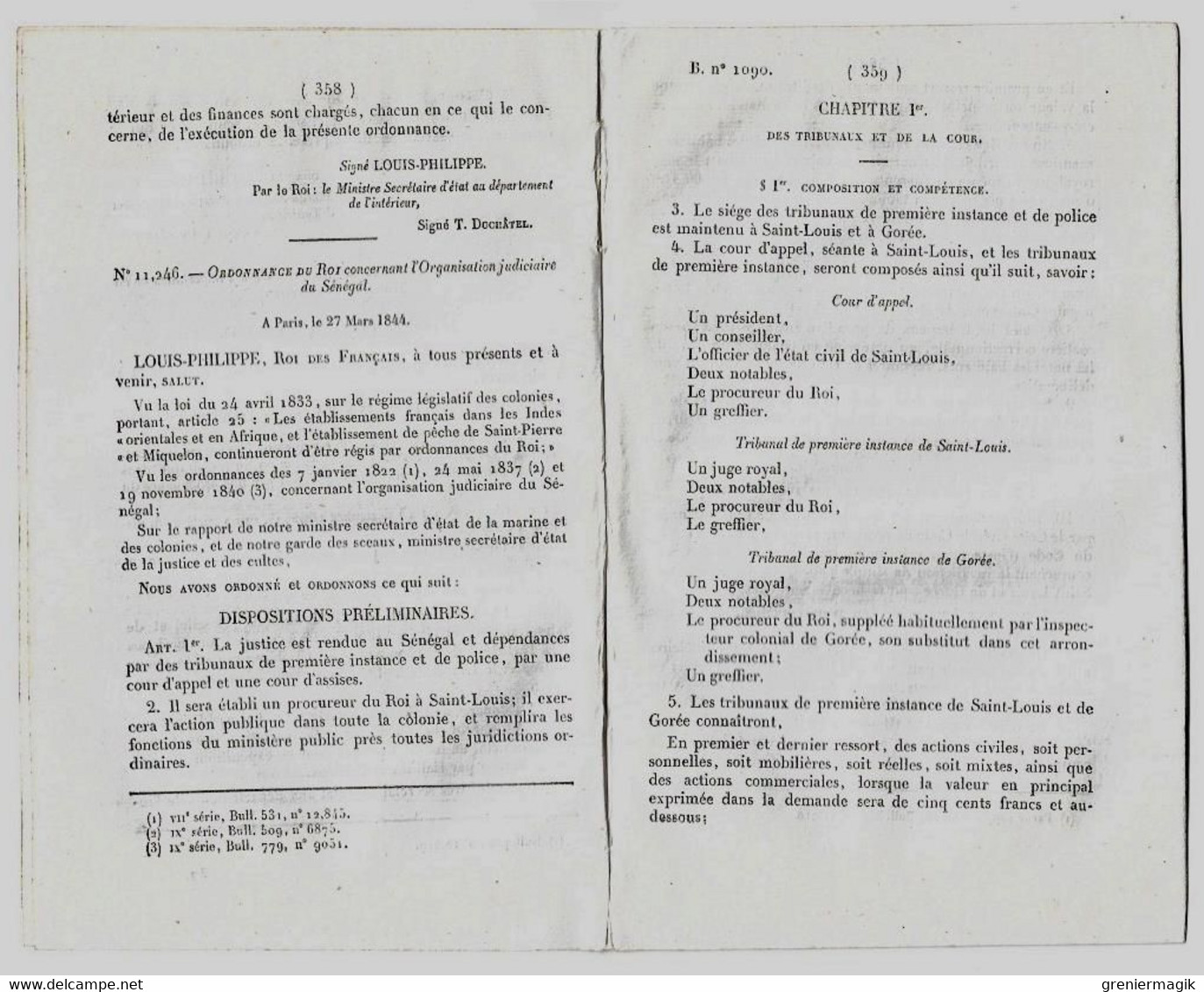 Bulletin Des Lois 1090 1844 Organisation Judiciaire Du Sénégal/Musique Gravée/Importation Et Transit De La Librairie - Décrets & Lois