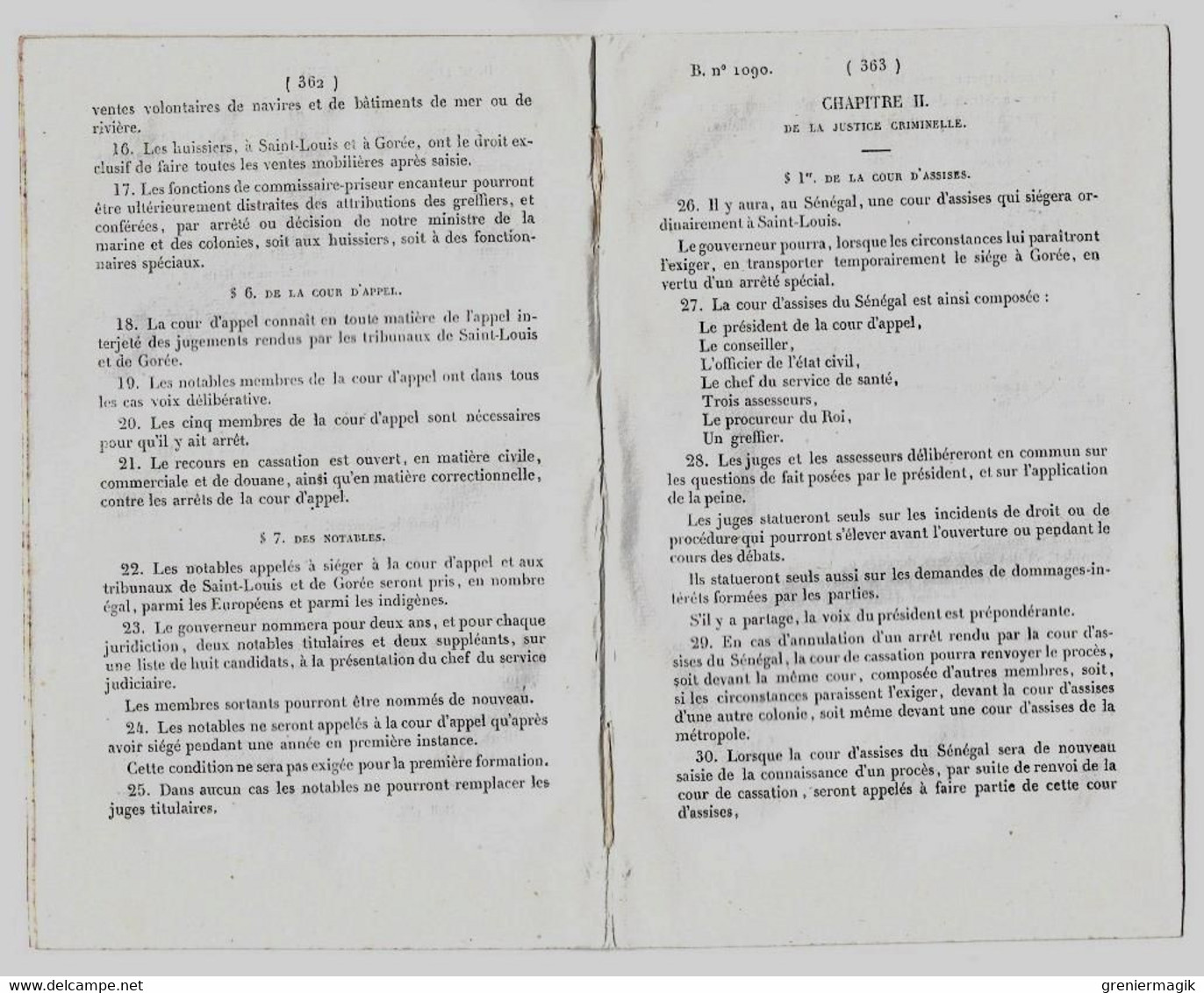 Bulletin Des Lois 1090 1844 Organisation Judiciaire Du Sénégal/Musique Gravée/Importation Et Transit De La Librairie - Décrets & Lois