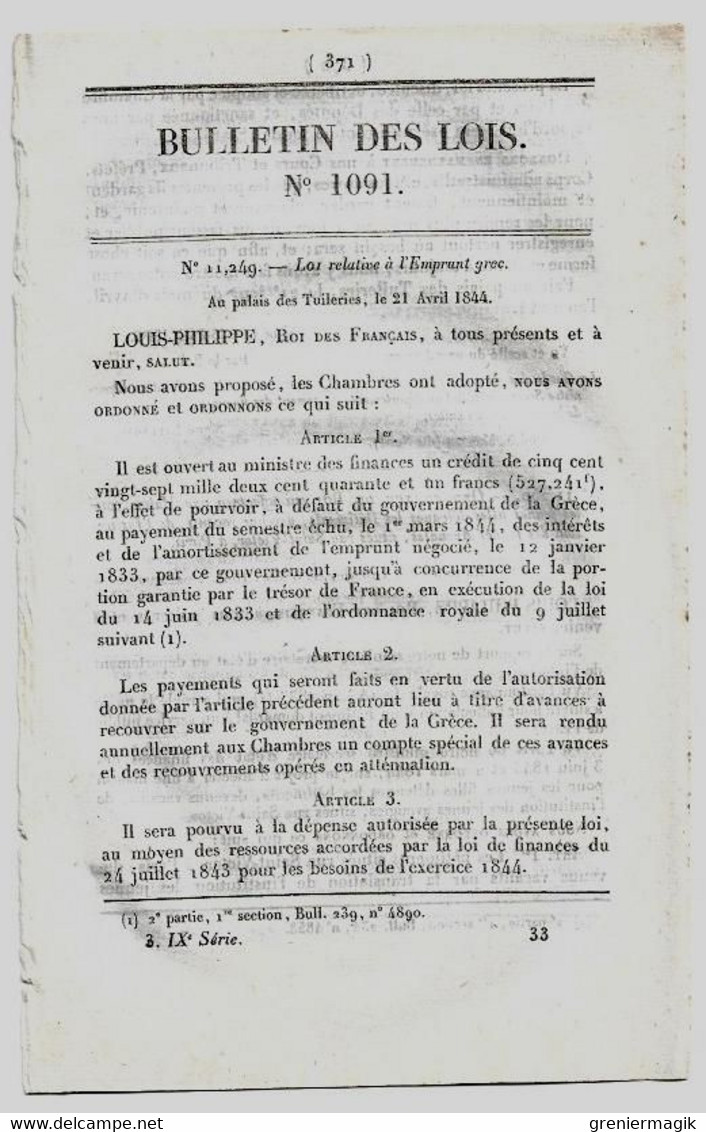 Bulletin Des Lois 1091 1844 Emprunt Grec/Maison (prison) Pour Les Jeunes Filles Détenues Rue Saint-Victor Paris/Nantes - Décrets & Lois