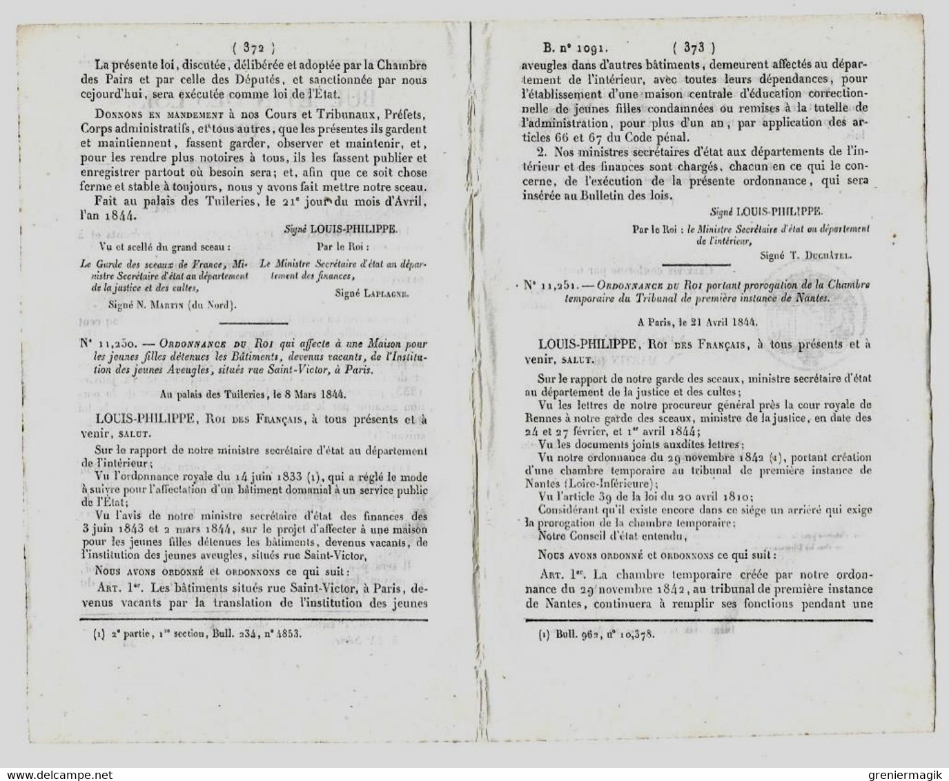 Bulletin Des Lois 1091 1844 Emprunt Grec/Maison (prison) Pour Les Jeunes Filles Détenues Rue Saint-Victor Paris/Nantes - Décrets & Lois