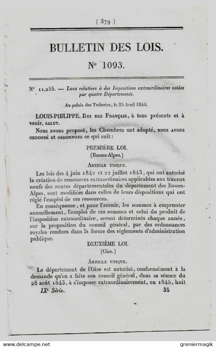 Bulletin Des Lois 1093 1844 Bardais Et L'Isle-sur-Marmande (Allier) Réunies Sous Le Nom De L'Isle-et-Bardais/Draguignan - Décrets & Lois