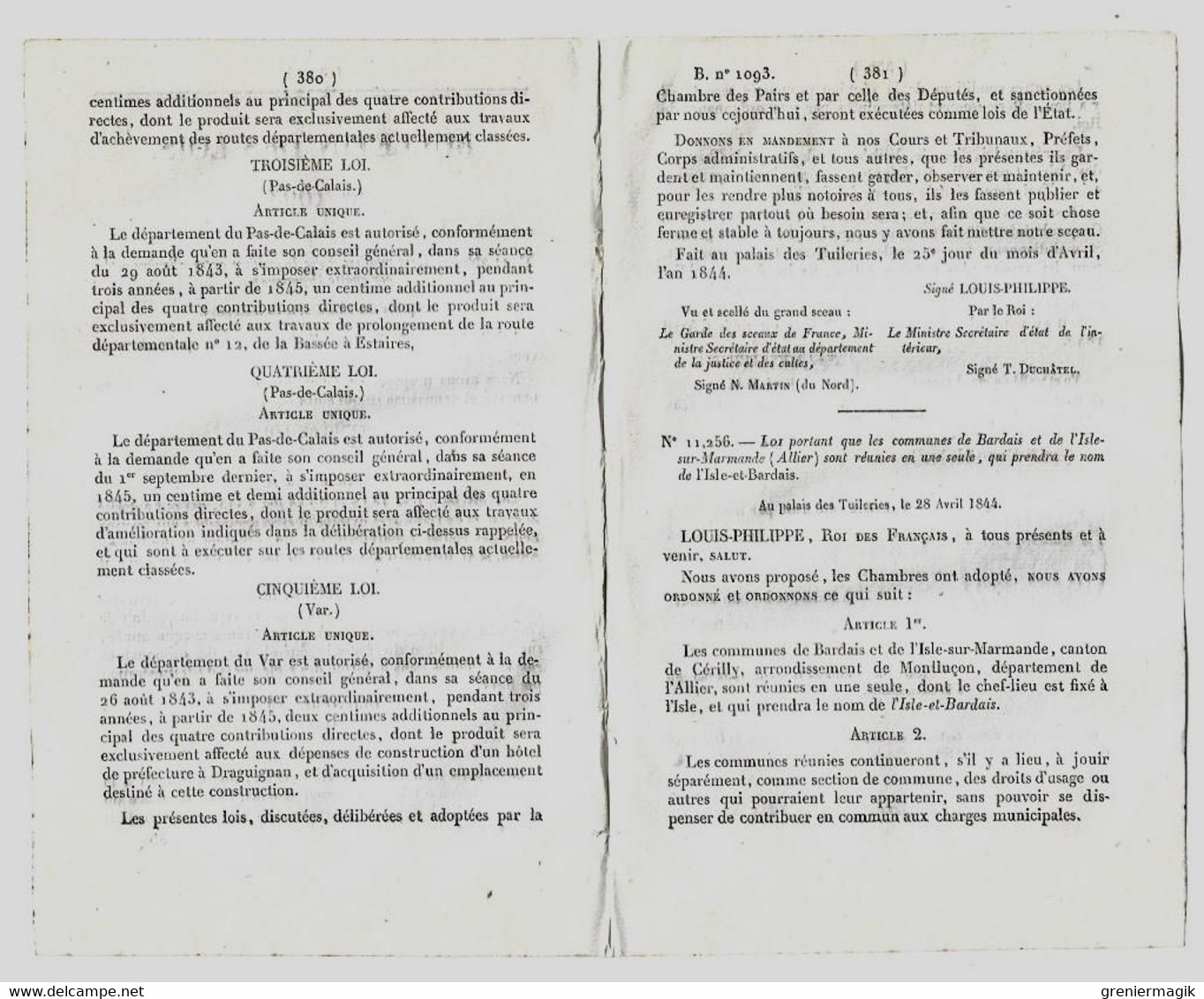 Bulletin Des Lois 1093 1844 Bardais Et L'Isle-sur-Marmande (Allier) Réunies Sous Le Nom De L'Isle-et-Bardais/Draguignan - Décrets & Lois