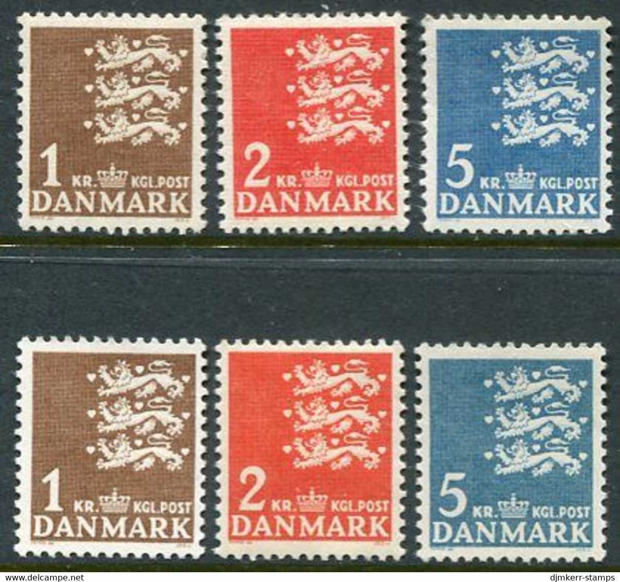 DENMARK 1946-68 Small Arms 1,2 And 5 Kr. On Ordinary And Fluorescent Paper MNH / **.   Michel 289-91x,y - Unused Stamps