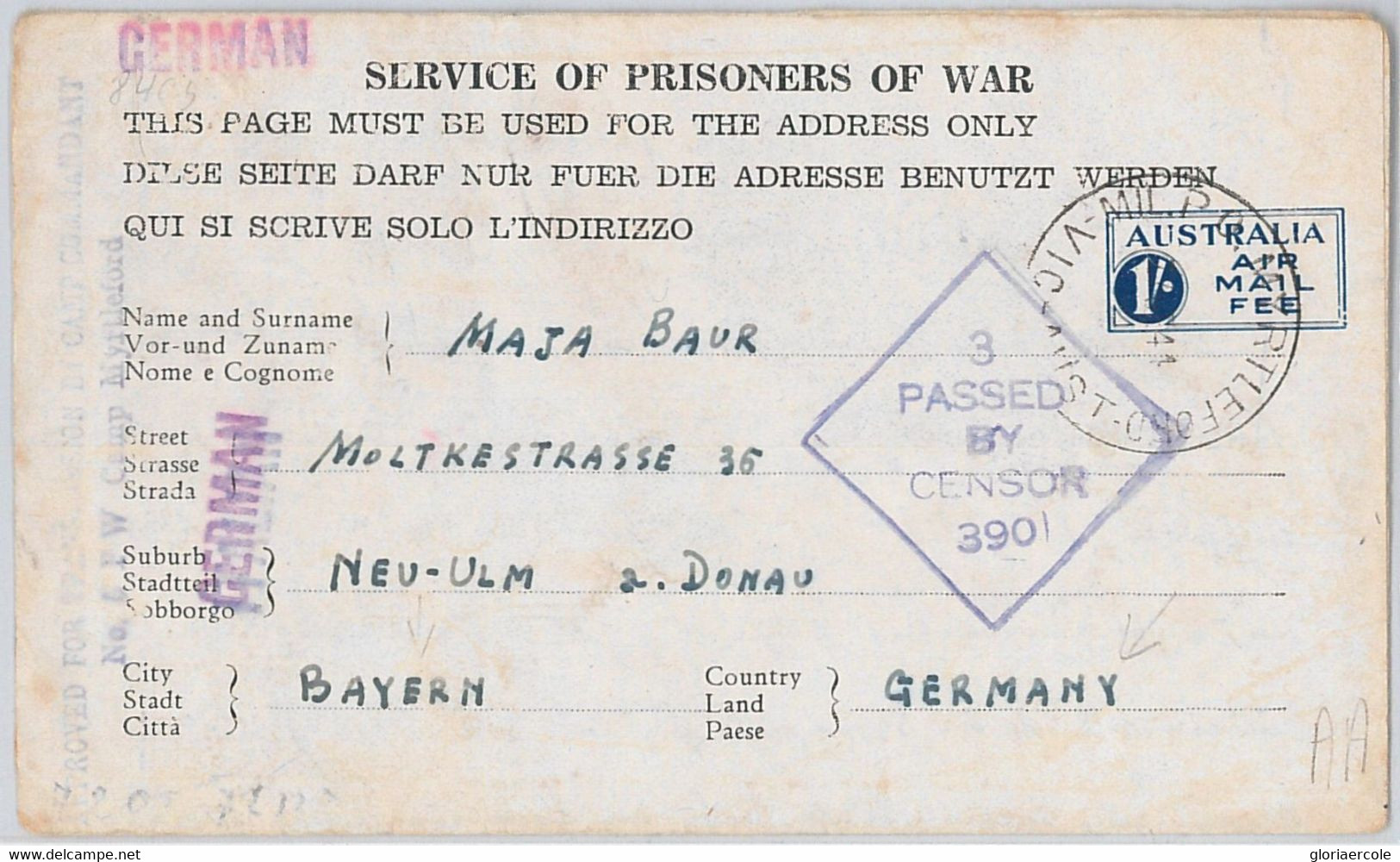 51776 - AUSTRALIA -  POSTAL HISTORY  -  ITALIAN PRISONER OF WAR POW 1944 Cover - Storia Postale