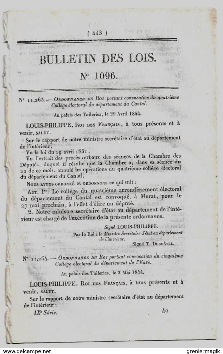 Bulletin Des Lois 1096 1844 Fontenay-Rohan-Rohan Filles De La Croix Dites Soeurs De Saint-André/Letailleur-Mallet/Murat - Décrets & Lois