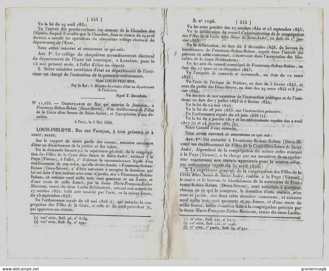 Bulletin Des Lois 1096 1844 Fontenay-Rohan-Rohan Filles De La Croix Dites Soeurs De Saint-André/Letailleur-Mallet/Murat - Décrets & Lois