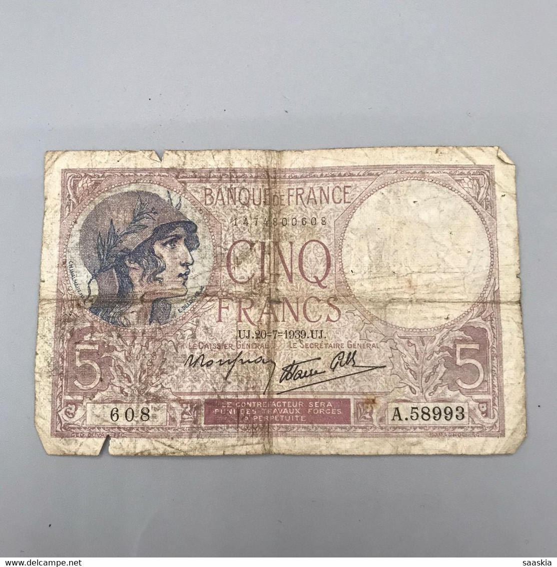 #BLT27 - 5 Cinq Anciens Francs 1939 - 1474800608 - 608 A. 58993 - France - 5 F 1917-1940 ''Violet''