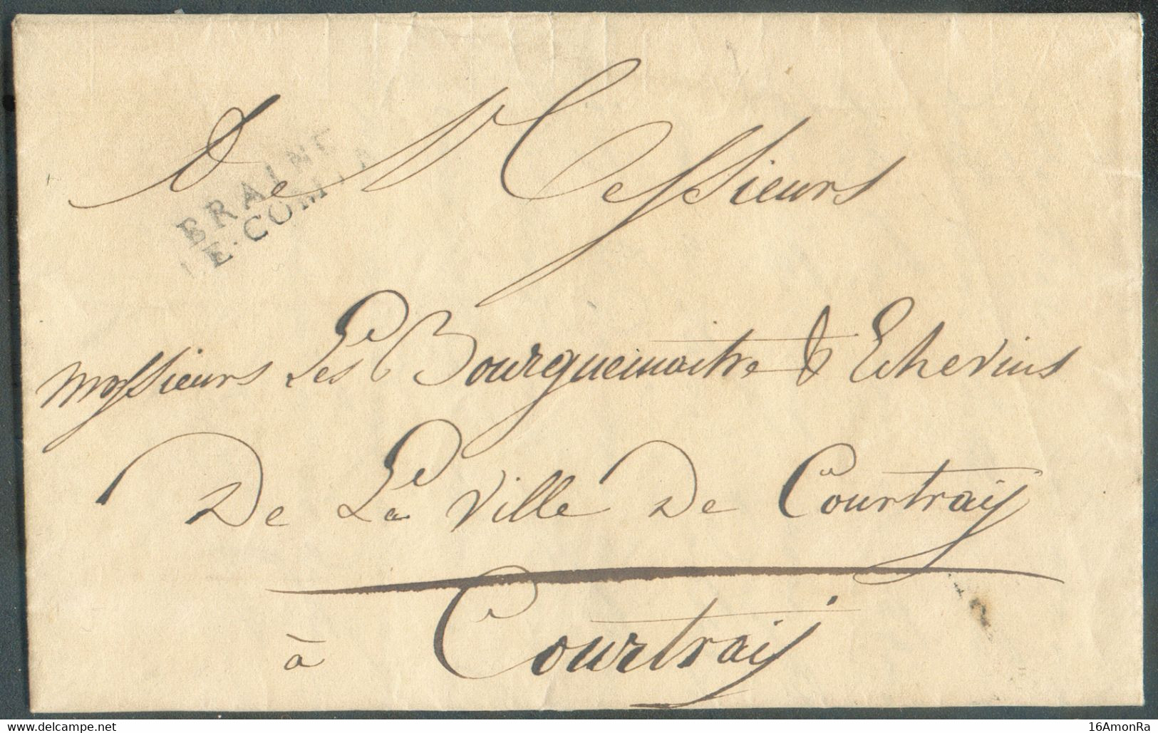 LAC écrite De ECAUSSINES le 5 Septembre 1828 Via (griffe Noire) BRAINE LE-COMTE (29x7mm) En Franchise Vers Courtray. - T - 1815-1830 (Holländische Periode)