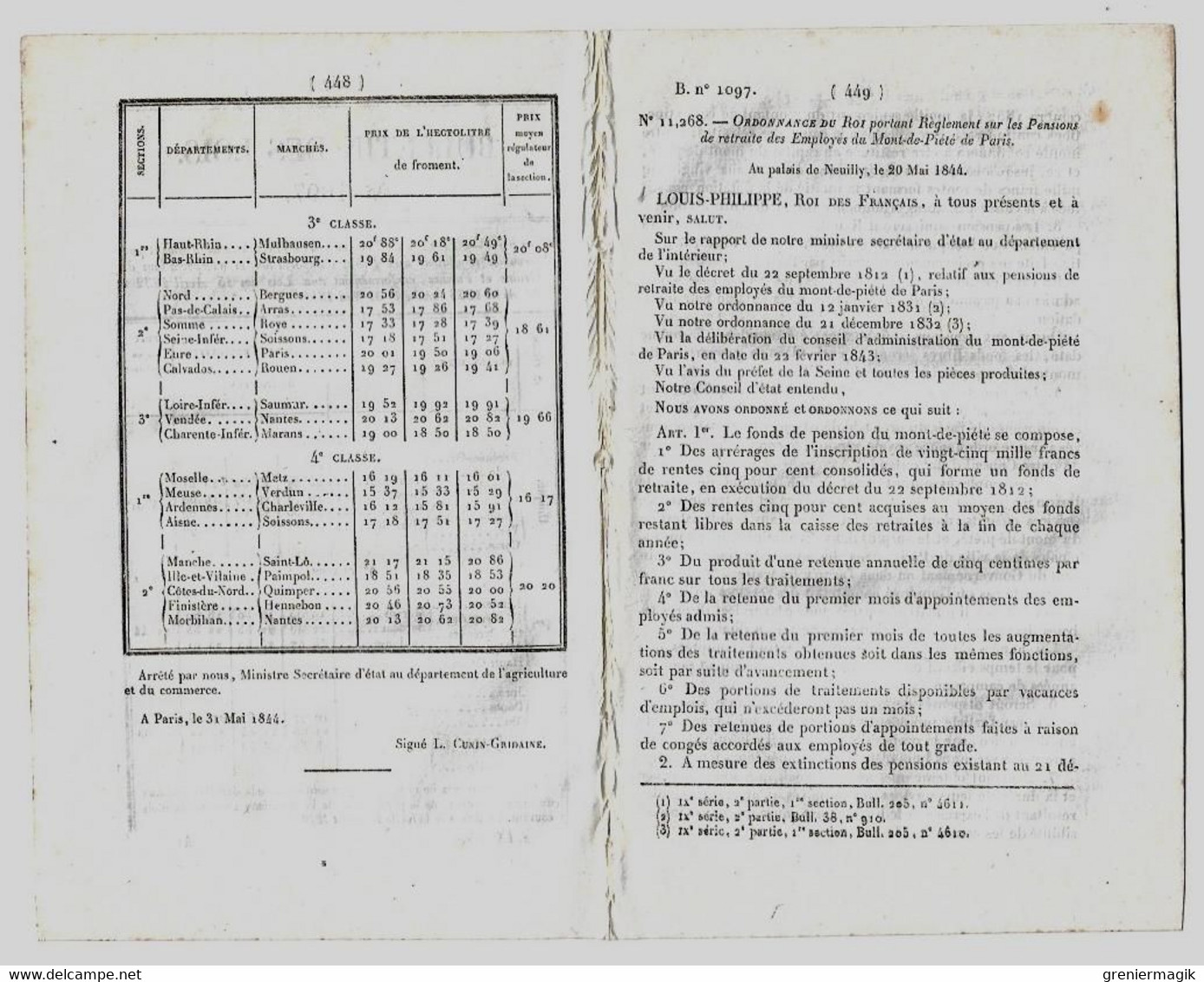 Bulletin Des Lois 1097 1844 Sympherose-Déjean Cayenne Guyane/Pensions De Retraite Des Employés Mont-de-Piété Paris - Décrets & Lois