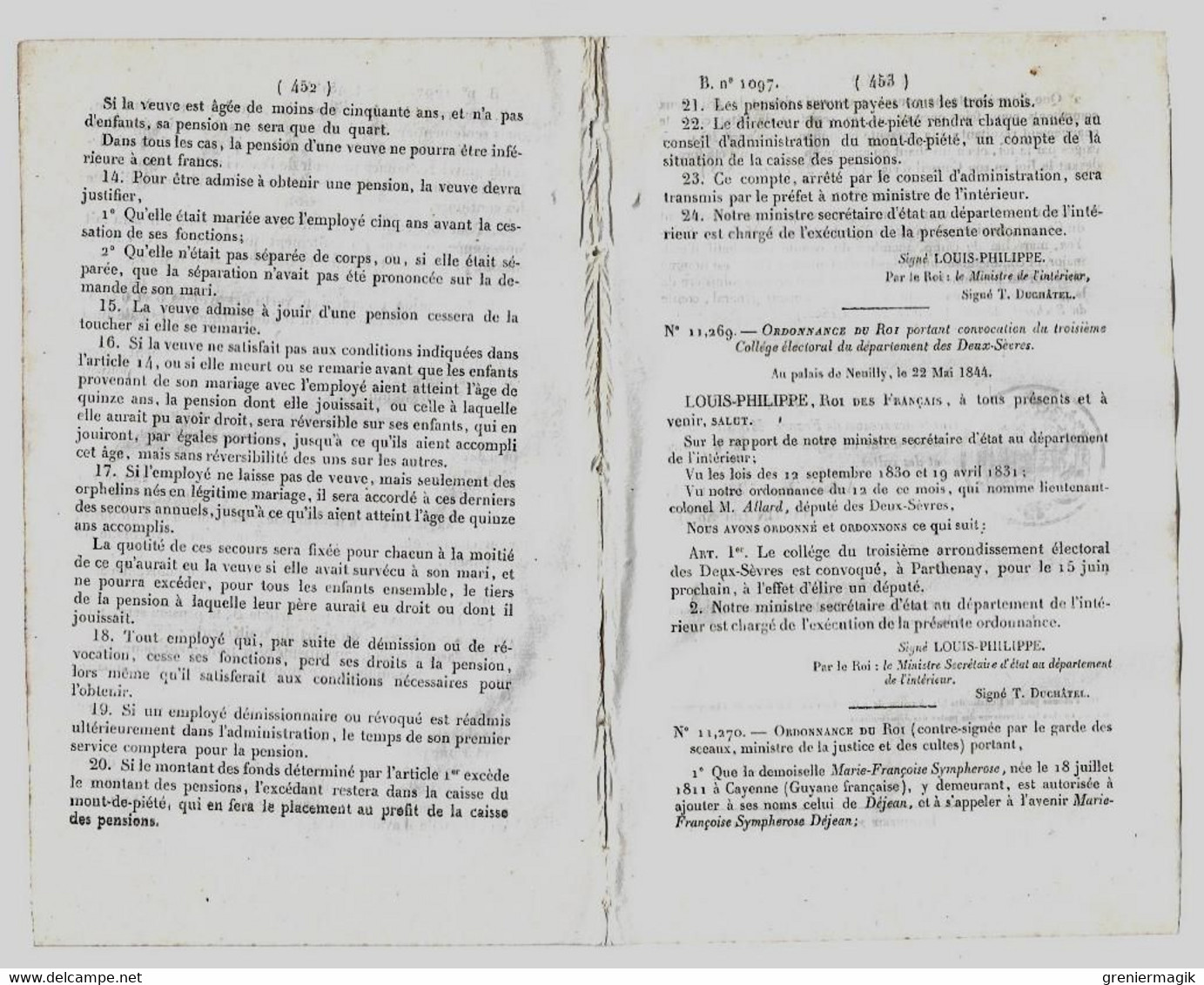 Bulletin Des Lois 1097 1844 Sympherose-Déjean Cayenne Guyane/Pensions De Retraite Des Employés Mont-de-Piété Paris - Décrets & Lois