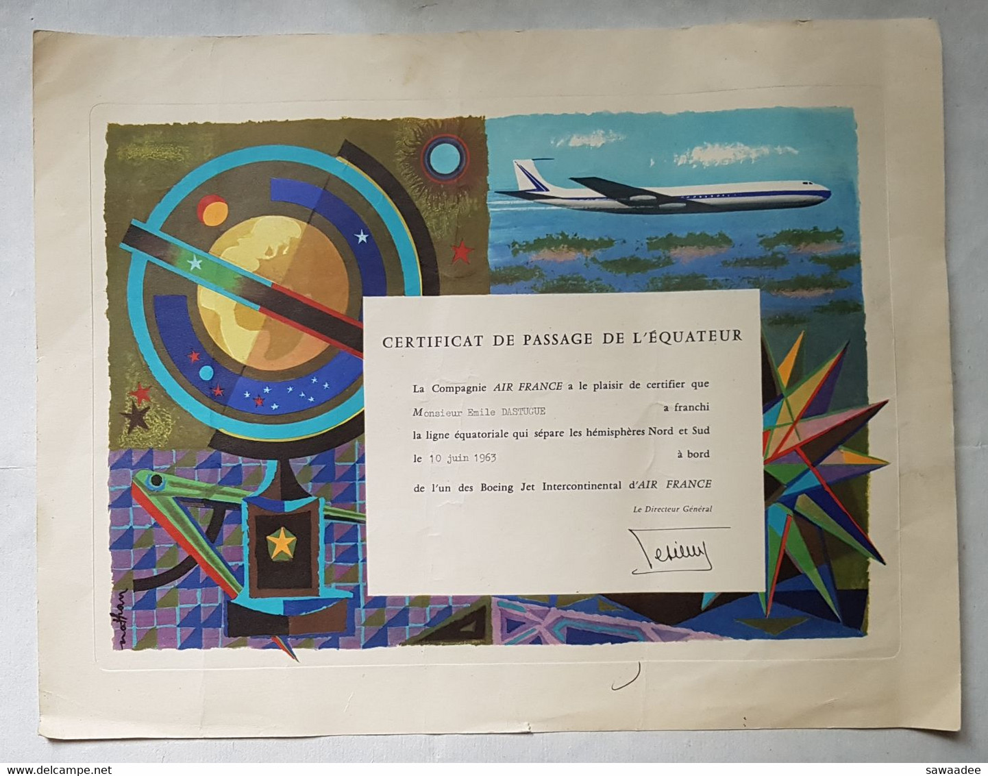 CERTIFICAT DE PASSAGE DE L'EQUATEUR - COMPAGNIE AIR FRANCE - BOEING JET INTERCONTINENTAL - 1963 - NATHAN - Flight Certificates