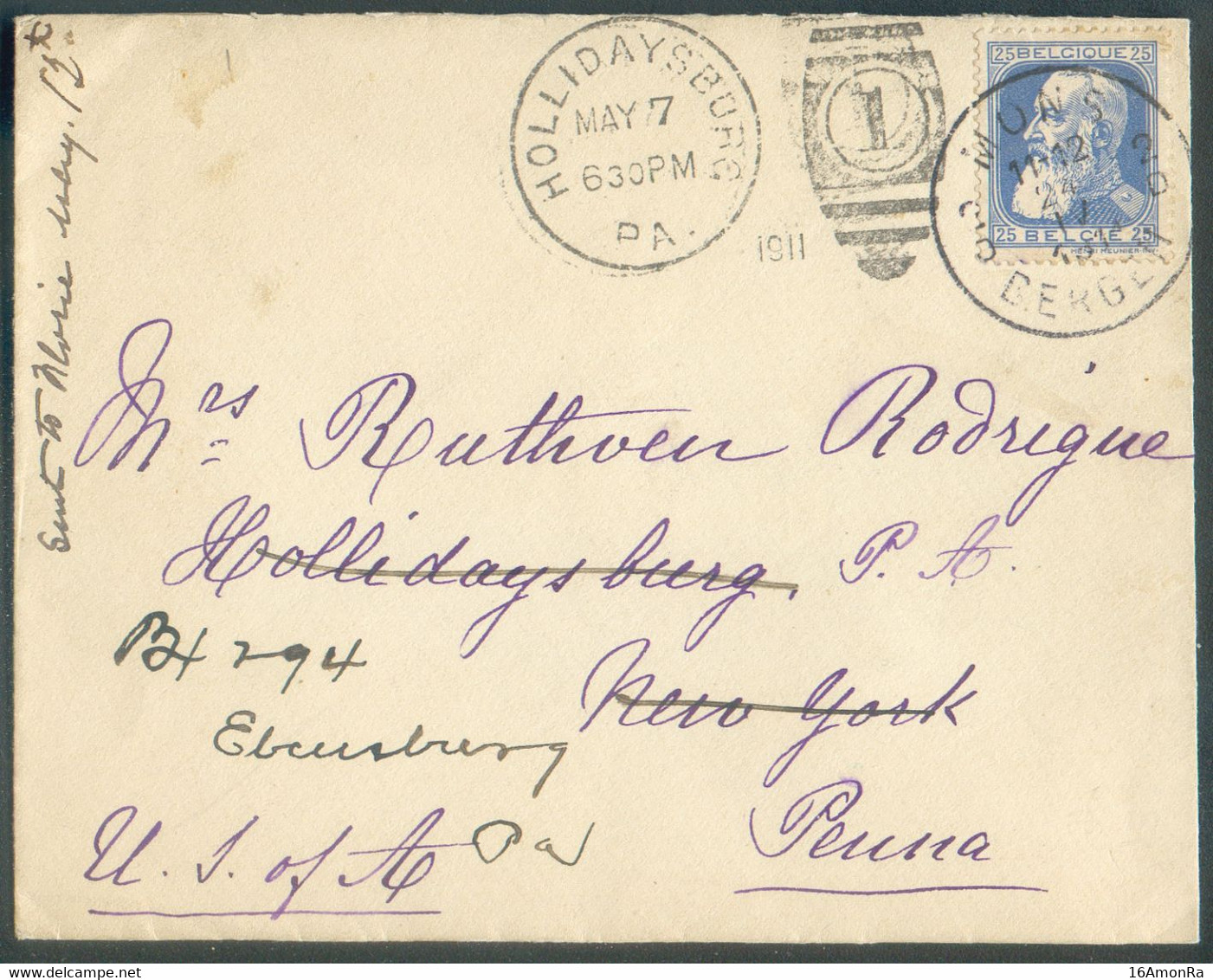 N°76 - 25 Centimes Obl. Sc MONS 1 Sur Lettre Du 24-IV-1911 Vers Hollidaysburg (New-York), Biffé, Et Renvoi Via Duplex 1/ - 1905 Grosse Barbe