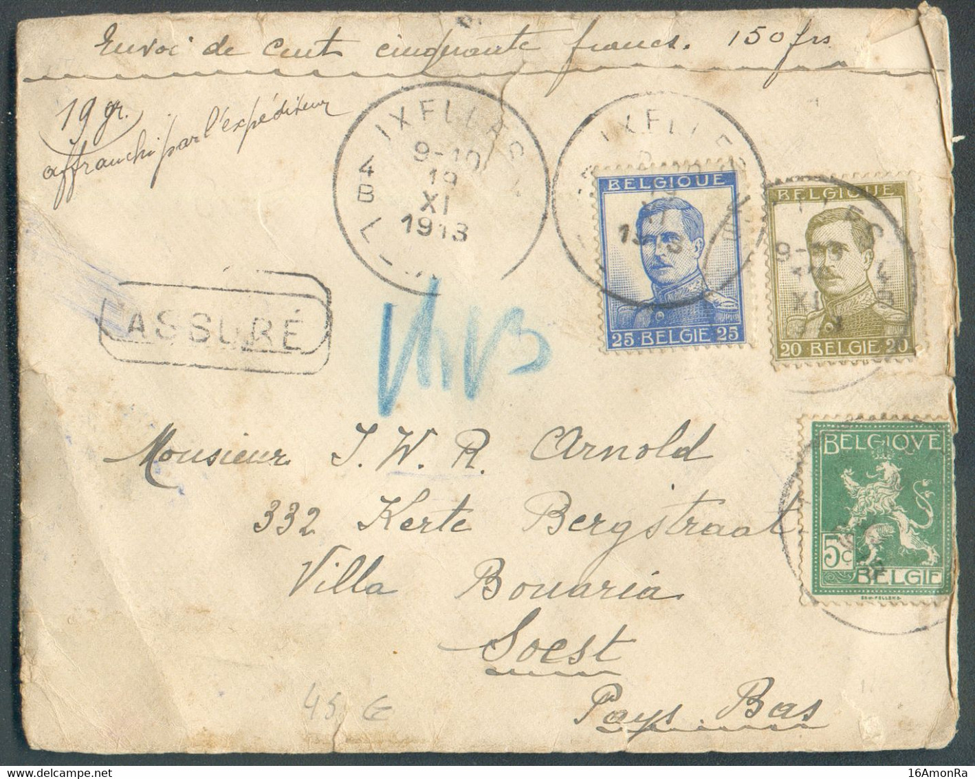 N°110-124-125 Affr. Tricolore PELLENS à 50 Centimes Obl; Sc IXELLES 4 Sur Lettre Assurée (pour 150 Francs) Du 19-XI-1913 - 1912 Pellens