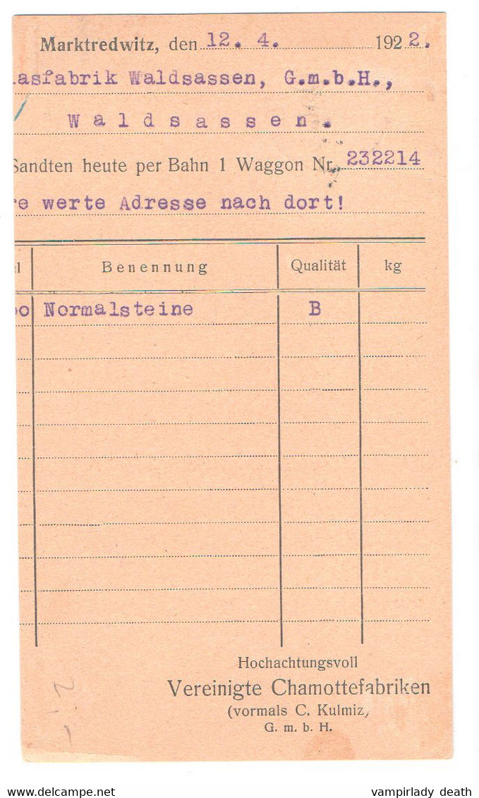 Postkarte,  Marktredwitz, Bayern, "Vereinigte Chamottfabriken", Gel.1922 - Brieven En Documenten
