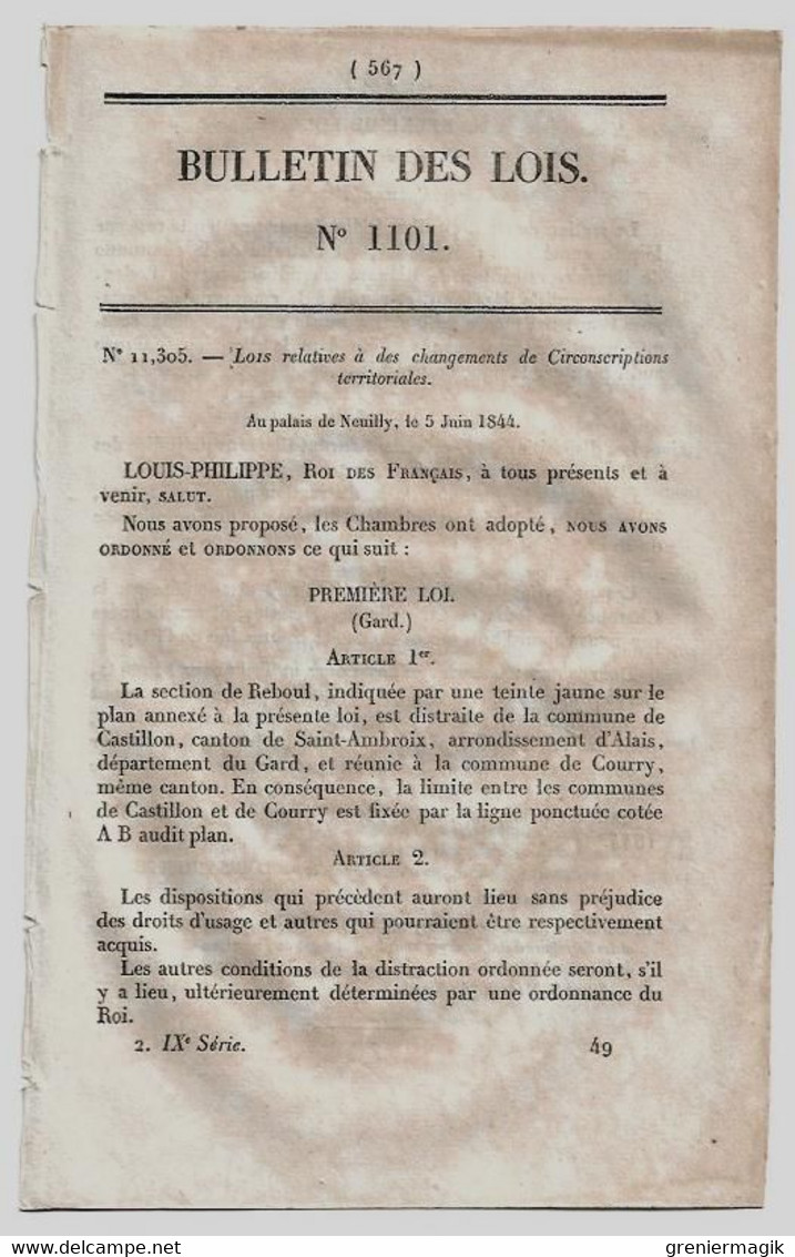 Bulletin Des Lois 1101 1844 Castillon Courry Gard/Cassagnes-Comtaux Aveyron/Canal De La Somme/Huissiers Pontivy - Décrets & Lois