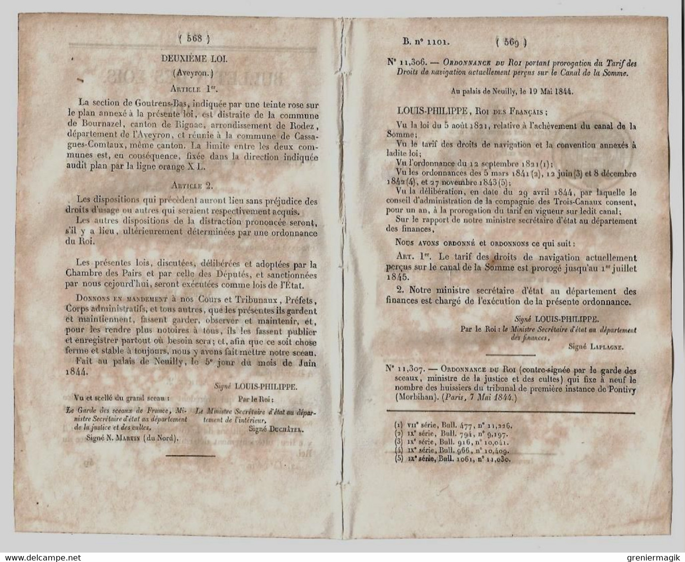 Bulletin Des Lois 1101 1844 Castillon Courry Gard/Cassagnes-Comtaux Aveyron/Canal De La Somme/Huissiers Pontivy - Décrets & Lois