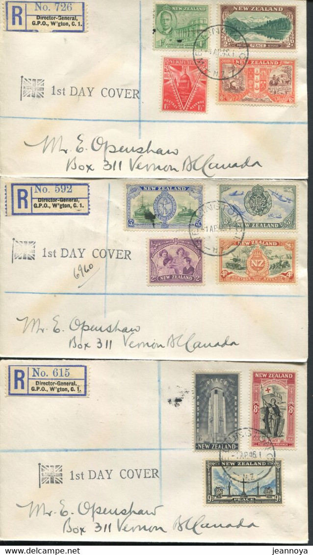 NOUVELLE-ZELANDE - N° 272 A 282 / 3 FDC RECOMMANDÉES DE WELLIGTON LE 1/4/1946 POUR LE CANADA - SUP - Briefe U. Dokumente