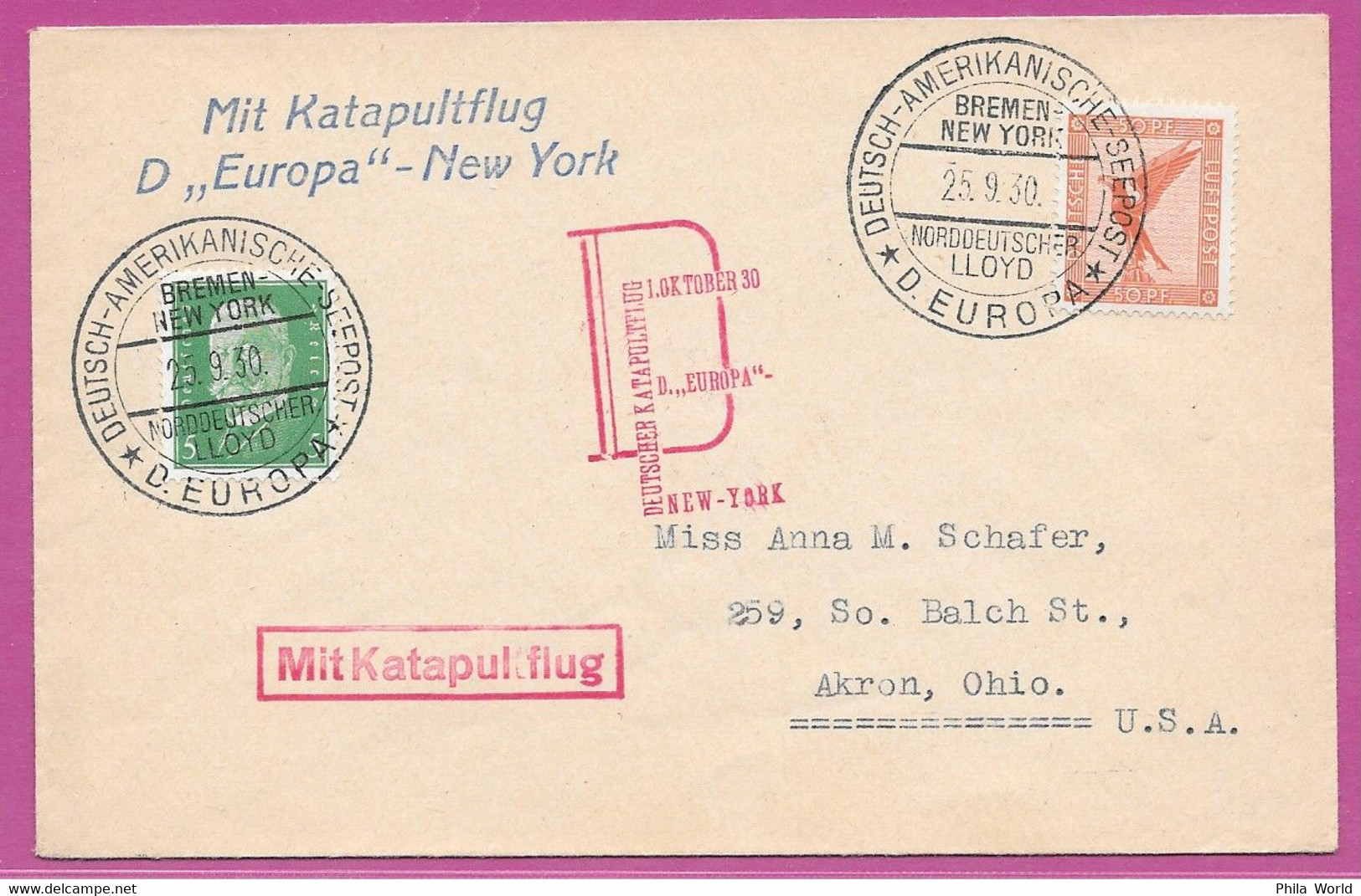 DLH KATAPULTFLUG EUROPA 1930 Germany Air Mail Cover Ship To Shore To US DEUTSCHE FLUGPOST LUFTPOST SEEPOST - Aerei