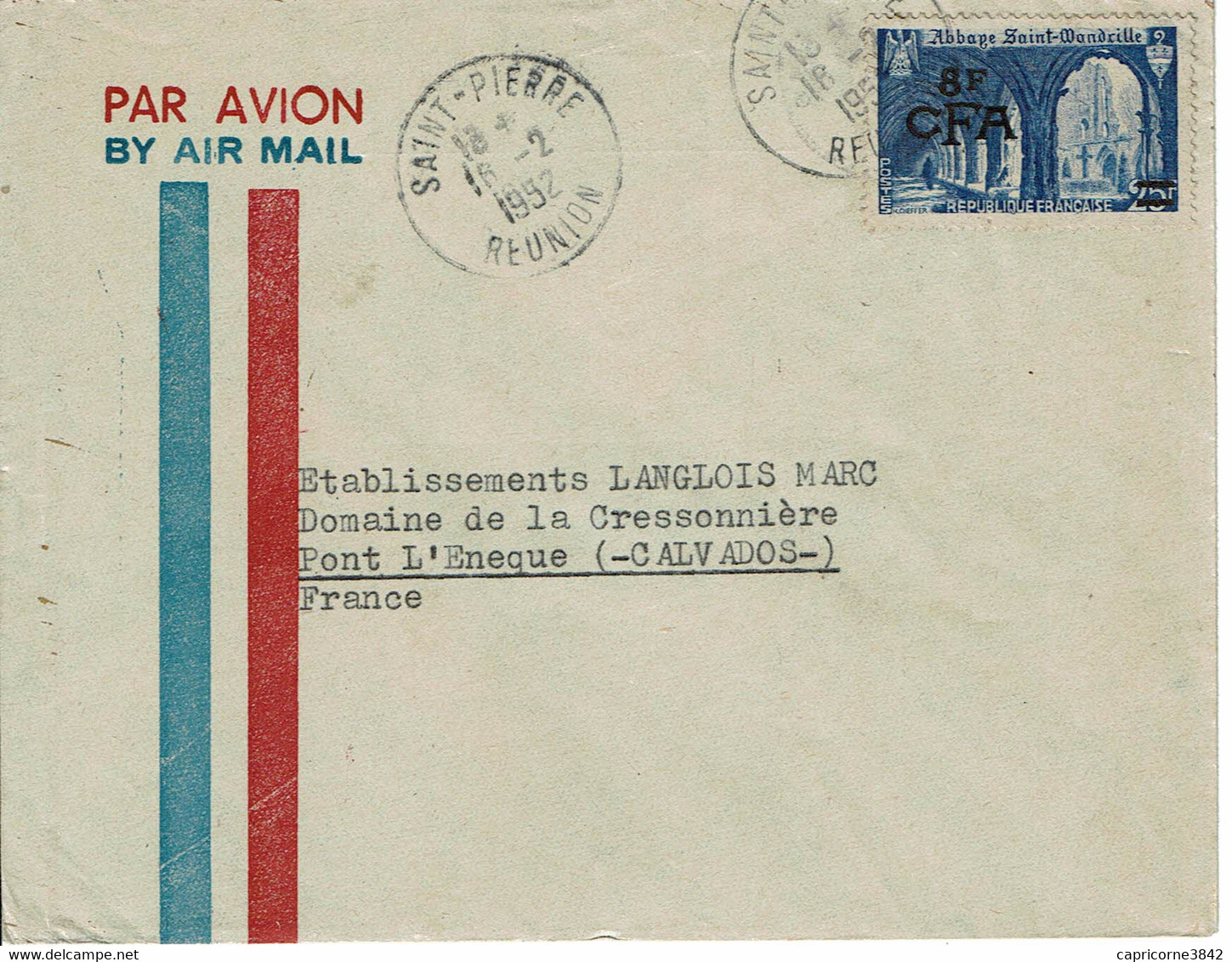 1952 - Lettre De Saint Pierre De La Réunion Pour Pont L'Evêque - Tp Abbaye St Wandrille Surchargé CFA N° 302 - 1961-....