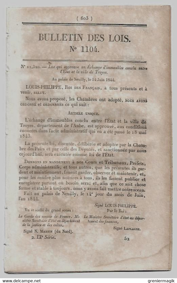 Bulletin Des Lois 1104 1844 Marine Armuriers, Mécaniciens/Eaux-de-vie Et Esprits Alcool Dénaturé/Ursulines Nevers - Décrets & Lois