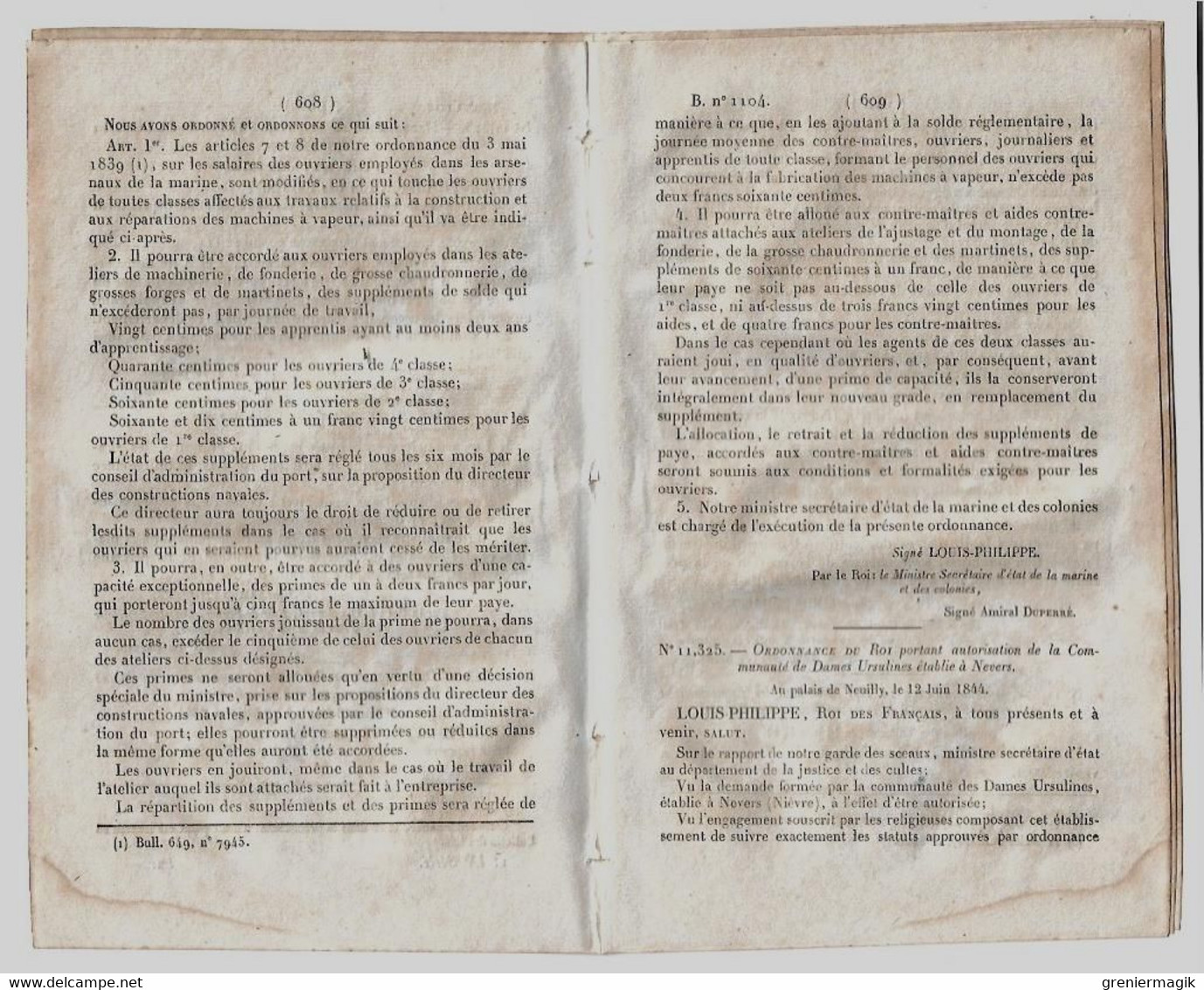 Bulletin Des Lois 1104 1844 Marine Armuriers, Mécaniciens/Eaux-de-vie Et Esprits Alcool Dénaturé/Ursulines Nevers - Décrets & Lois