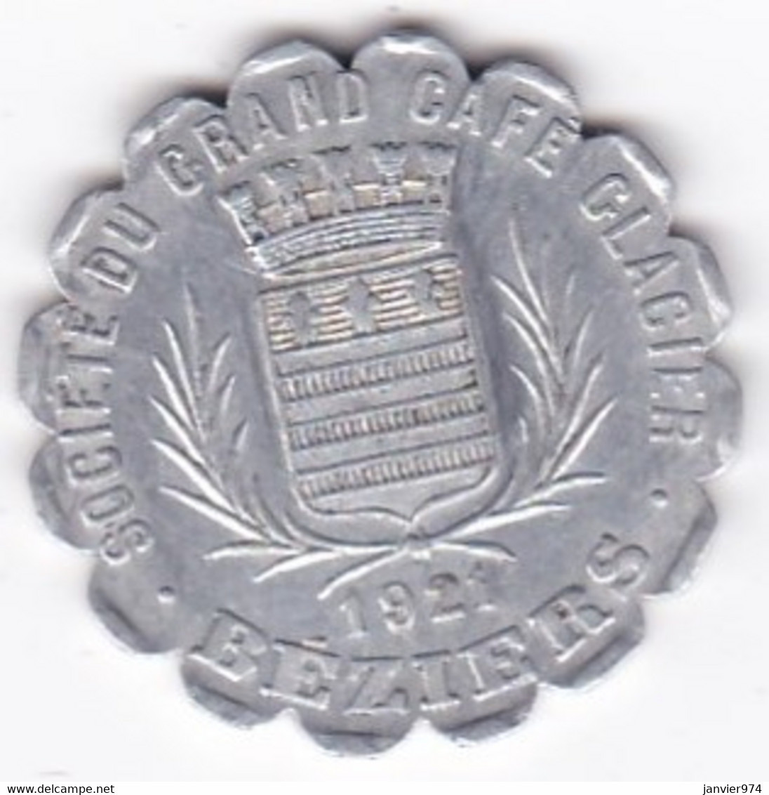 34 . Hérault .Société Du Grand Café Glacier , Béziers , 25 Centimes 1921, En Aluminium - Monétaires / De Nécessité