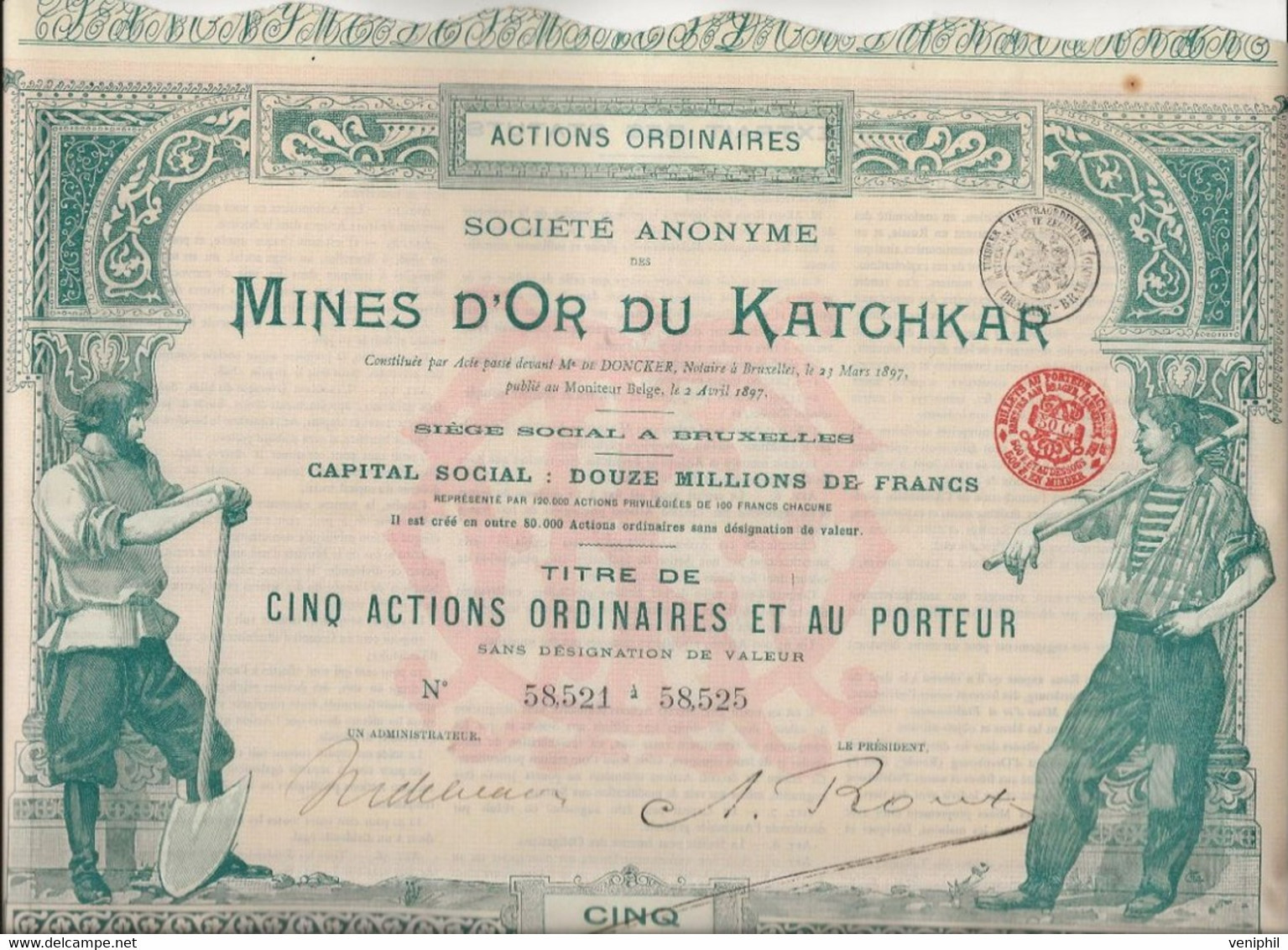 MINES D'OR DU KATCHKAR (ARMENIE RUSSIE ) TITRE DE CINQ ACTIONS ORDINAIRES -ANNEE 1897 - Mines