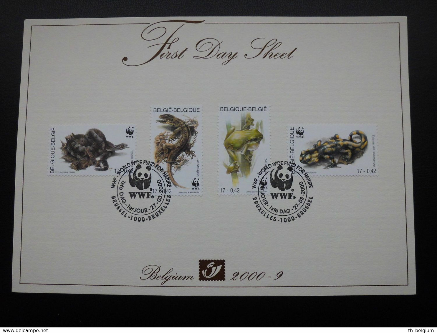 België Belgium 2000 - FDS First Day Sheet WWF Amphibians And Reptiles (viper, Lizard, Tree Frog, Salamander) - Cartas & Documentos