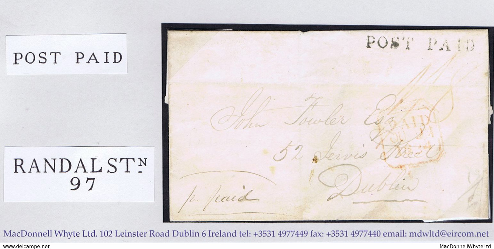 Ireland Antrim 1834 Linear POST PAID Of Randalstown In Black On Cover To Dublin Prepaid "1/8" Double - Prephilately