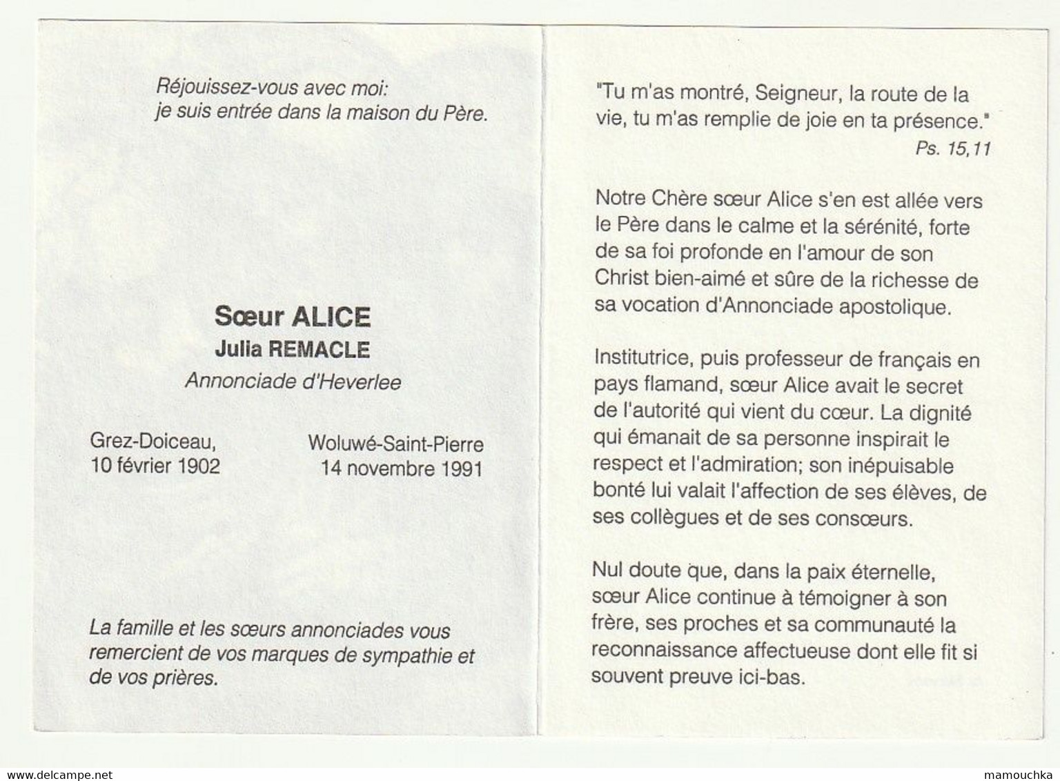 Décès Soeur Alice - Julia REMACLE - Annonciade D'Heverlee - Grez-Doiceau 1902 - Woluwé-Saint-Pierre 1991 - Images Religieuses